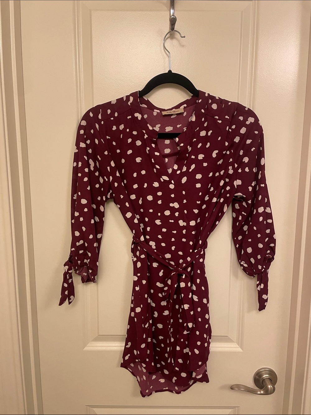 Maternity Full Moon Maternity Polka Dot Tie-Waist Blouse in Wine